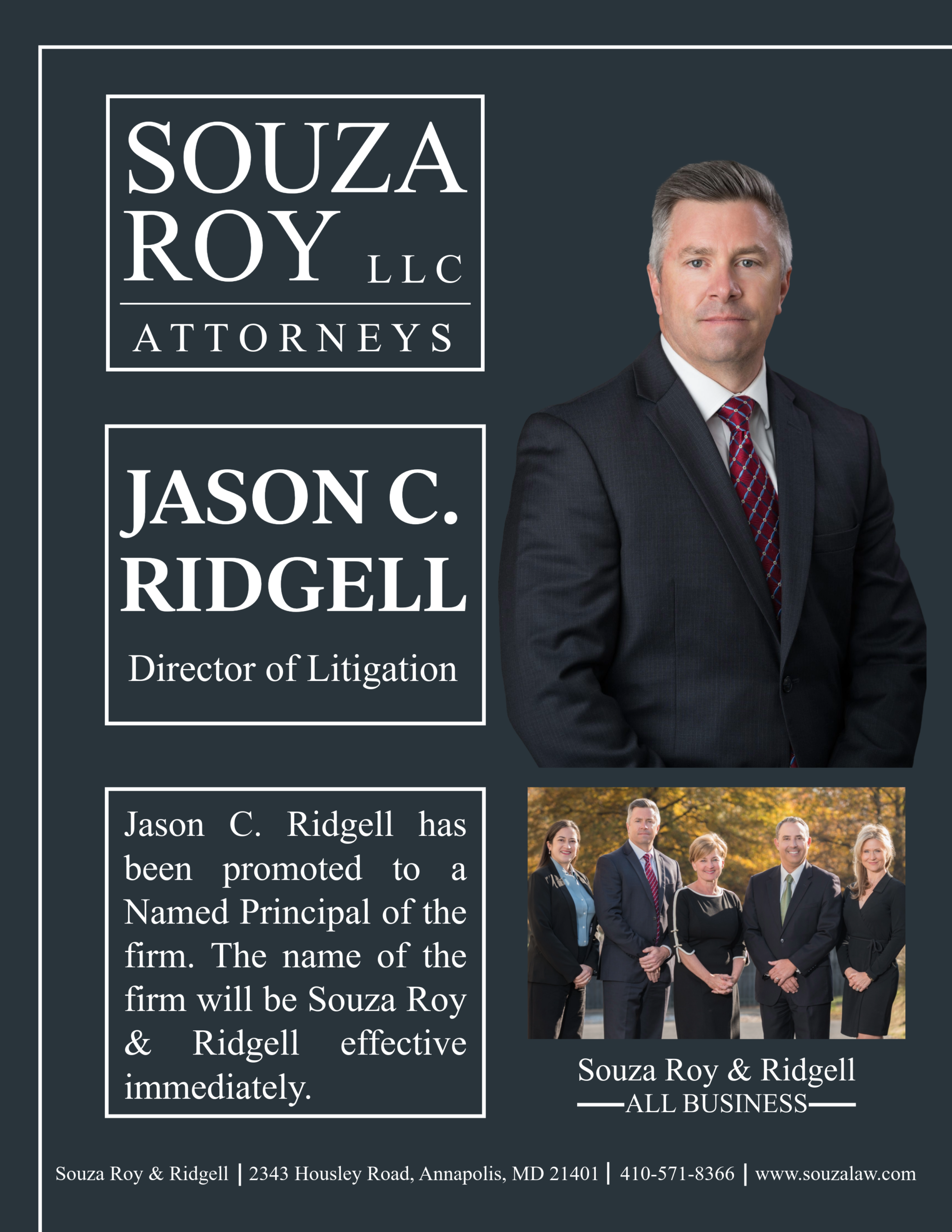 Banner for Souza Roy & Ridgell LLC featuring a professional portrait of a lawyer in a dark suit, with white framed text blocks listing names and titles on a dark background.